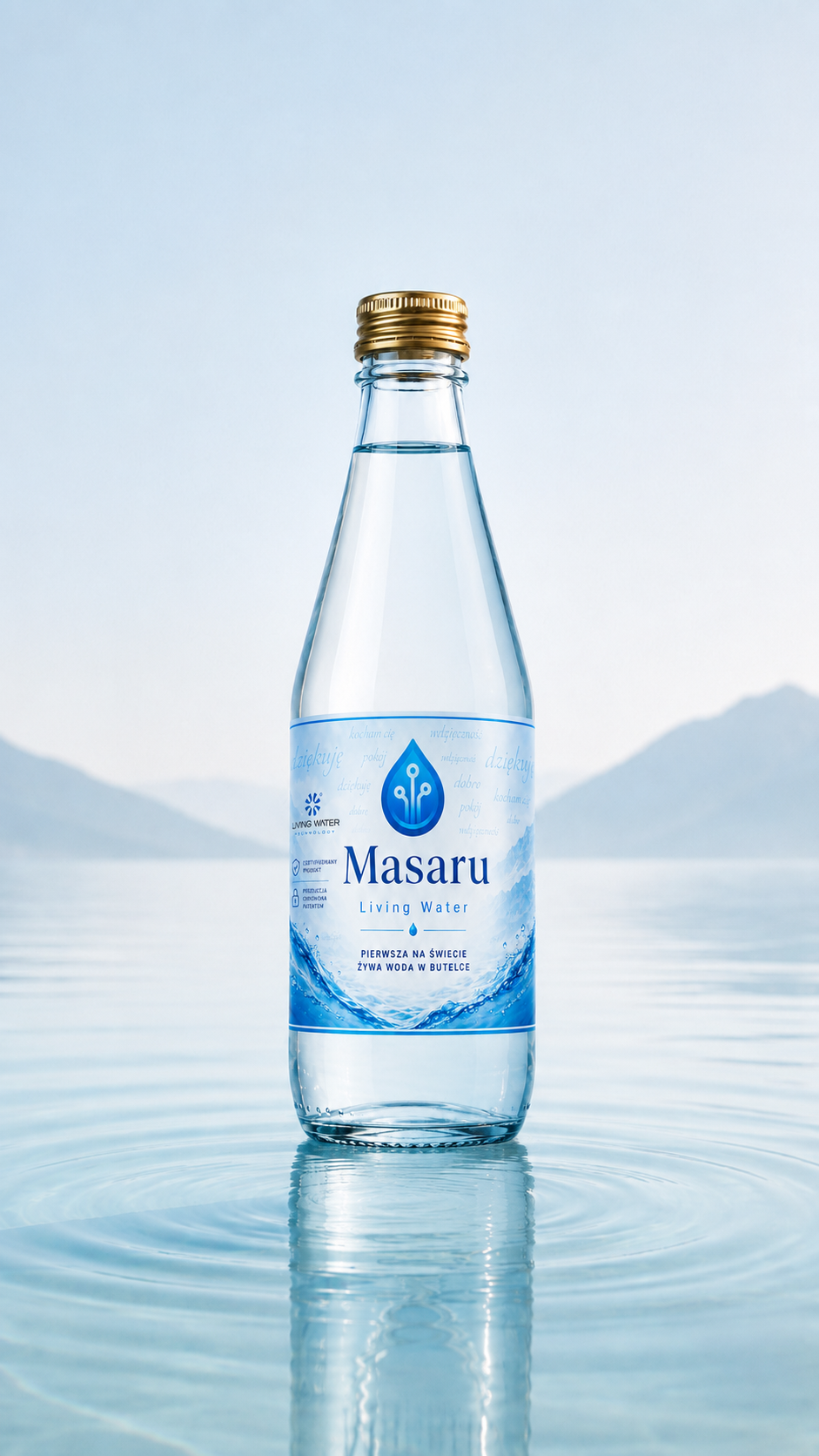 Masaru Living Water — butelka na tle górskiego jeziora